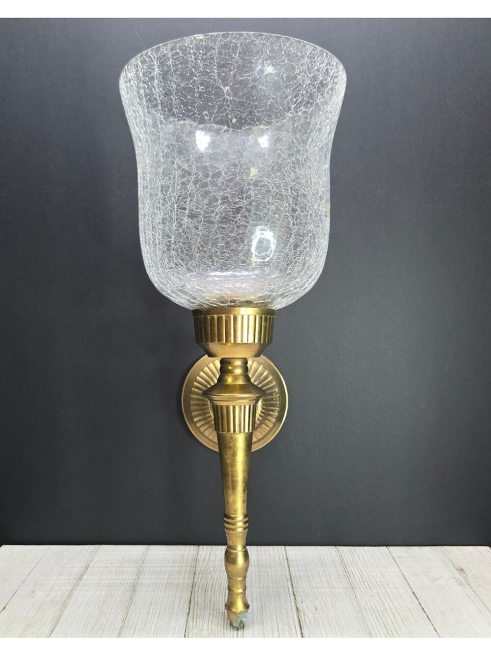 Vintage Brass Candle Wall Sconce with Glass Hurricane Shade Flared Crackle 17"